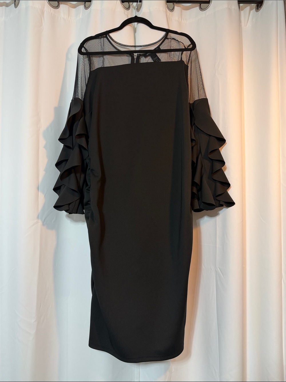 Ashley Stewart Black Mesh Yoke Ruffle Sleeve Midi Whimsigoth Romantic Dress B7
